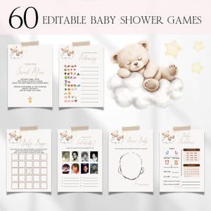 Cloud Nine Baby Shower Games Bundle, Gender Neutral Cloud 9 Teddy Bear Baby Shower Games, Editable Were On Cloud Nine Baby Shower Games BS65