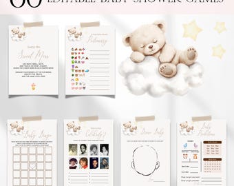 Cloud Nine Baby Shower Games Bundle, Gender Neutral Cloud 9 Teddy Bear Baby Shower Games, Editable Were On Cloud Nine Baby Shower Games BS65
