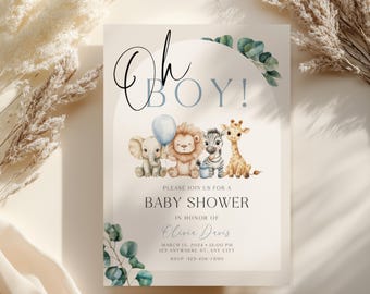 Safari Baby Shower Invitation, Editable Oh Boy Baby Safari Animals Jungle Baby Shower Invite Template, Printable Greenery Wild One Baby BS66