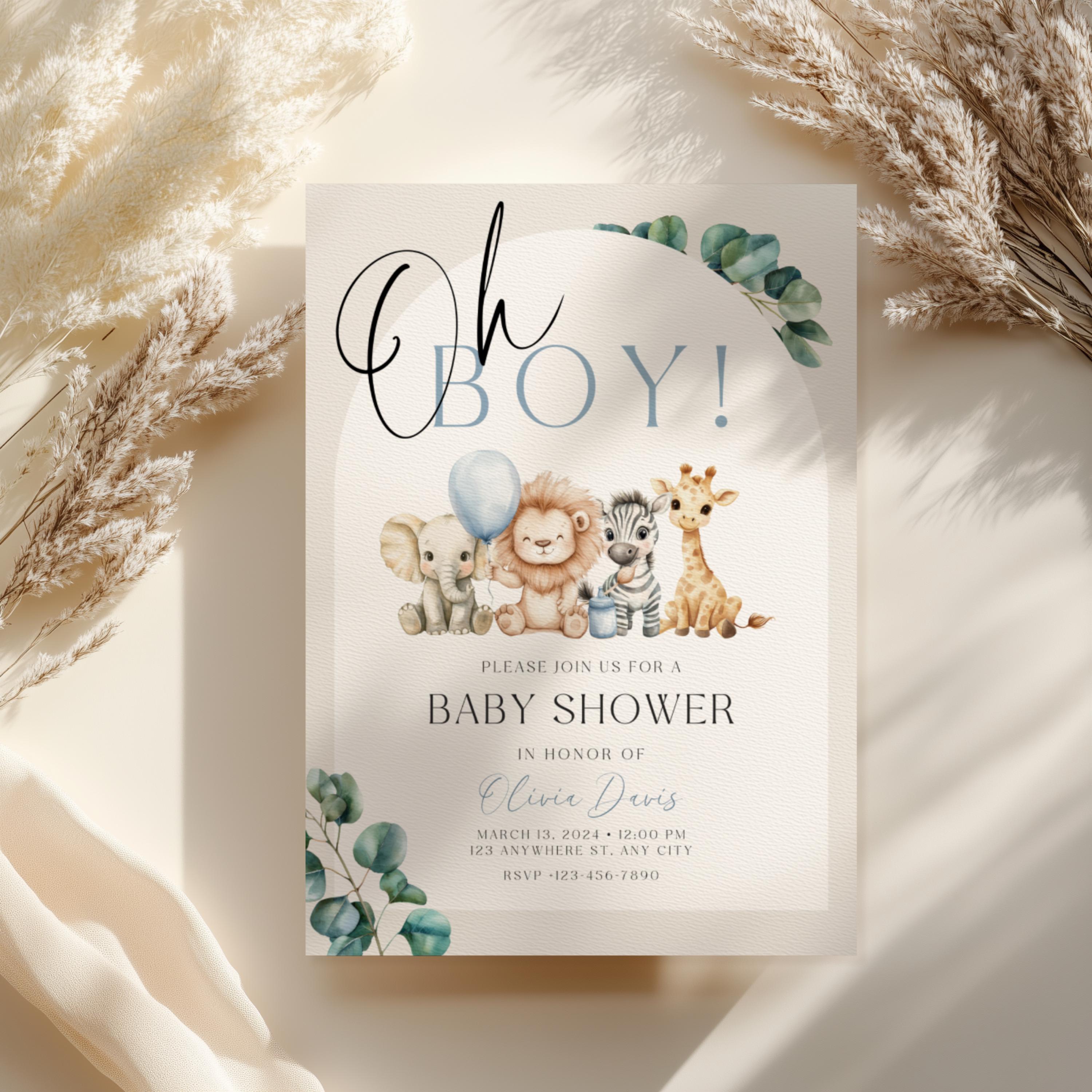 Safari Baby Shower Invitation, Editable Oh Boy Baby Safari Animals Jungle  Baby Shower Invite Template, Printable Greenery Wild One Baby BS66 - Etsy, image size:3000x3000