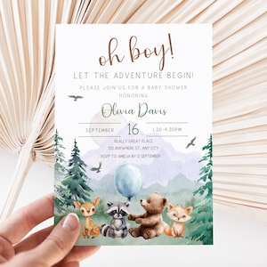 Let The Adventure Begin Woodland Baby Shower Invitation, Boy Mountain Woodland Baby Shower Invitation, Editable Forest Woodland Invite BS3