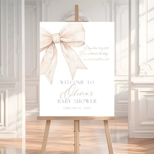 Beige Schleife Babyparty Willkommensschild, bearbeitbares Beige Coquette Willkommensschild Canva Vorlage, niedliches Boho Babyparty Willkommensplakat Dekor BS121