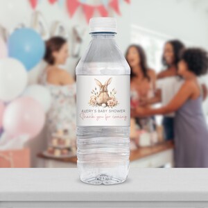 Floral Bunny Baby Shower Water Bottle Label, Editable Girl Easter Bunny Water Bottle Label Template, Rabbit Baby Water Bottle Sticker BS31