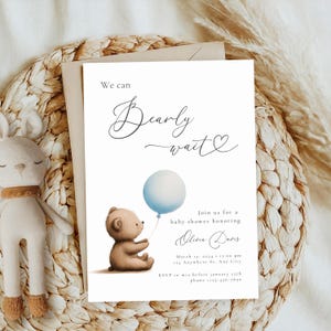 Modello di invito per baby shower We Can Bearly Wait Canva, invito orsetto Boho con palloncino blu, invito modificabile per baby shower orsetto maschio BS23