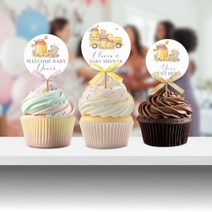 Topper per cupcake per baby shower a forma di ape, decorazioni per baby shower modificabili di genere neutro, decorazioni per baby shower per bambine ape BS181