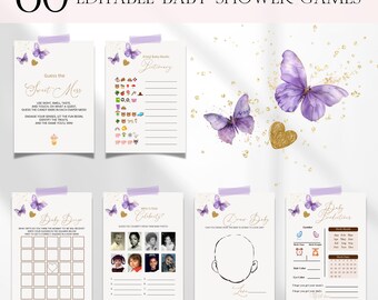 Purple Butterfly Baby Shower Games Bundle, Editable Floral Girl Butterflies Baby Shower Games, Printable Butterfly Theme Baby Bingo BS126