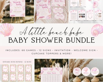 May include: A baby shower bundle featuring a beach theme with pink watercolor seashells. The set includes 60 editable games, 12 signs, invitations, a welcome sign, and cupcake toppers. The text reads A little beach babe BABY SHOWER BUNDLE.