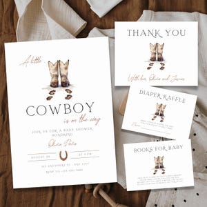 Pacchetto di inviti per baby shower A Little Cowboy, modello di invito per baby shower con stivali da cowboy modificabile, invito per baby shower Wild West Country BS188