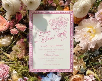 Baby in Bloom Girl Baby Shower Invitation, Editable Floral Template, Digital Invite, Pink Floral Design BS240