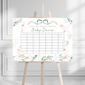 Calendario de baby shower de Silly Goose, plantilla editable para adivinar la fecha de parto, juego de baby shower de primavera BS173