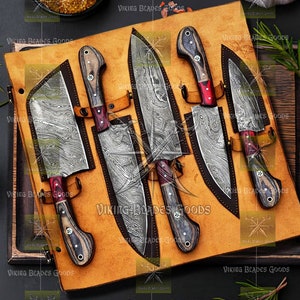 Hand gesmeed Damascus staal koken keuken Japanse chef-kok messen set van 5, BBQ keukenmes set, cadeau voor hem Santoku filet pairing cleaver Dollar Set