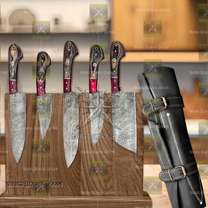 Hand gesmeed Damascus staal koken keuken Japanse chef-kok messen set van 5, BBQ keukenmes set, cadeau voor hem Santoku filet pairing cleaver afbeelding 4