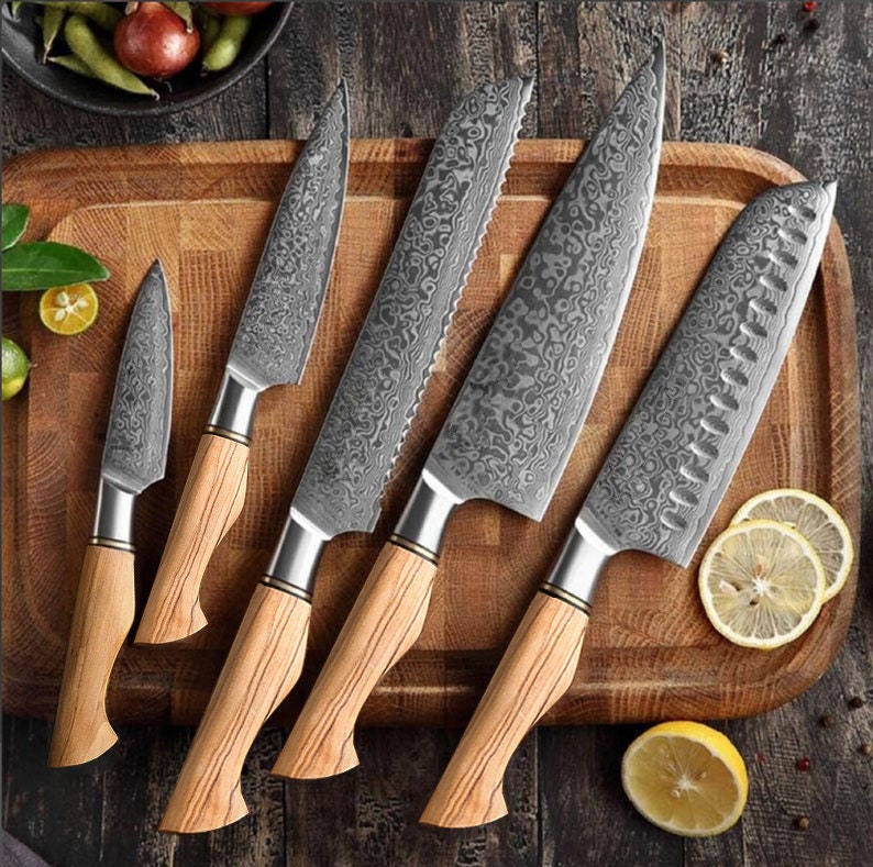 Hand gesmeed Damascus staal koken keuken Japanse chef-kok messen set van 5, BBQ keukenmes set, cadeau voor hem Santoku filet pairing cleaver Rose Set