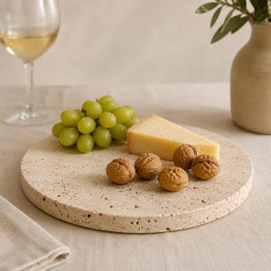 Può includere: Un tagliere rotondo in pietra beige porosa che ospita uno spicchio di formaggio giallo pallido, un grappolo d'uva verde e quattro noci intere. Il tagliere presenta una superficie naturale e ruvida con piccole rientranze.