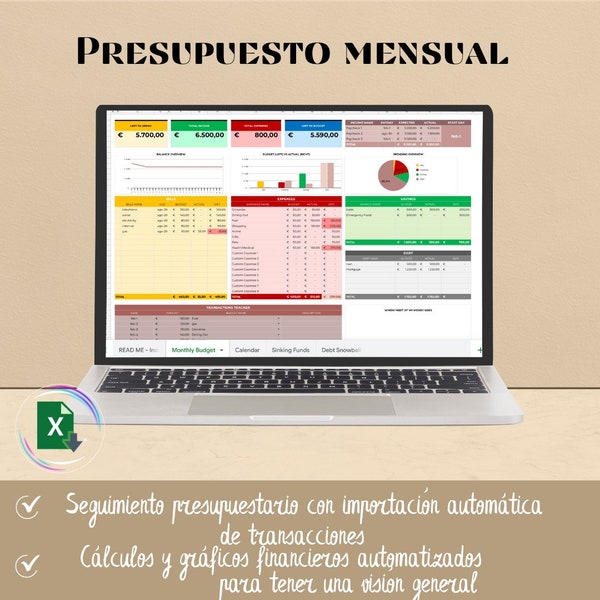 Plantilla Excel de Presupuesto Mensual, Seguimiento del gasto y el ahorro, Planificador de Presupuestos y Finanzas, Control de la deuda