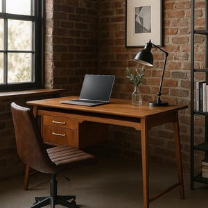 May include: A wooden desk with a laptop, black desk lamp, and a brown leather office chair. The desk has two drawers and is set against a brick wall. A framed picture hangs above the desk.