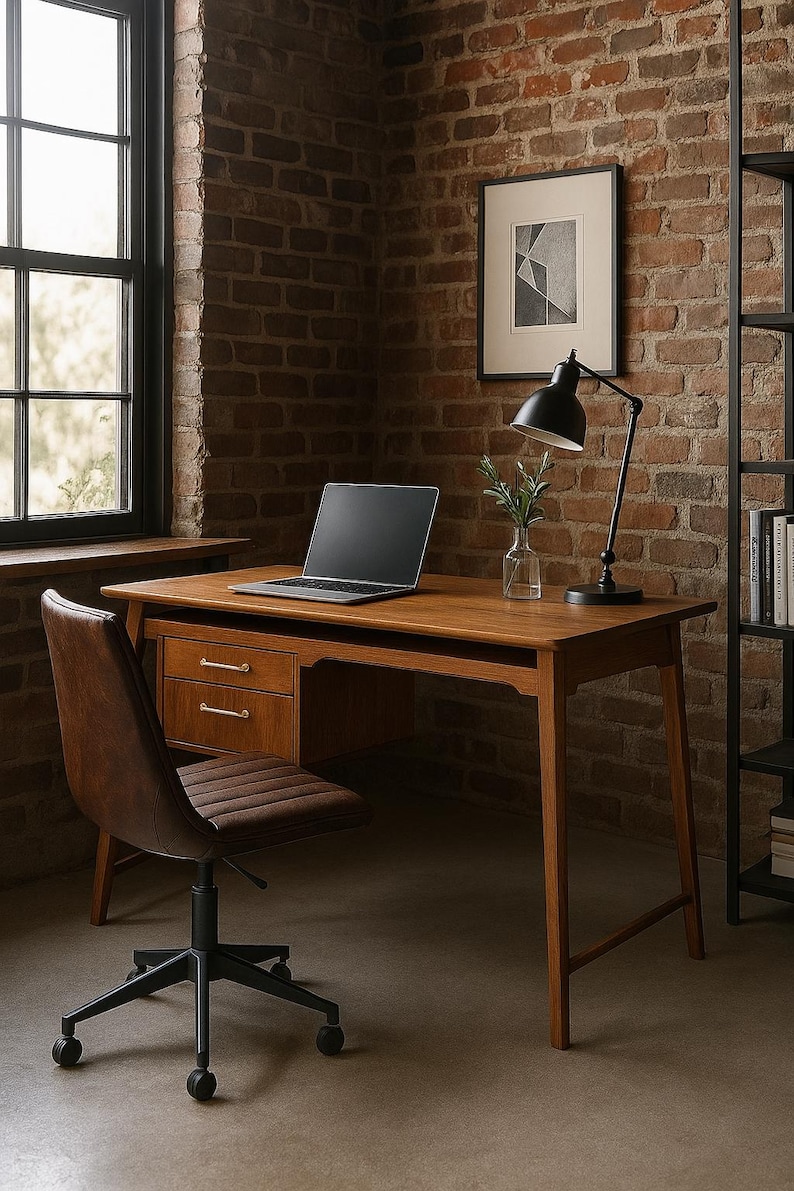 May include: A wooden desk with a laptop, black desk lamp, and a brown leather office chair. The desk has two drawers and is set against a brick wall. A framed picture hangs above the desk.