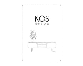 May include: A black and white line drawing of a modern style cabinet with three drawers and a plant on top. The text "KOS design" is above the cabinet.