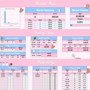 May include: A pink and blue spreadsheet titled "Market Prep" with sections like "Market Inventory" and "Pricing Tools." It features charts, tables, and text, with a goal of £2,000.00 and progress at 8.25%. Measurements are in metric.