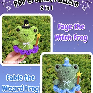 Può includere: Un modello di uncinetto in PDF 2 in 1 con Faye la rana strega e Fable la rana mago. Le rane di peluche sono verdi con occhi neri, indossano cappelli e gonne a balze e tengono in mano bacchette a forma di stella gialla.