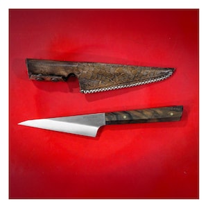Honesuki Garasuki Chef Knife - With Leather Sheath - 9&quot; Japanese Style Handmade Kitchen Knife - 3.5 mm Thickness Stainless Steel Walnut Wood