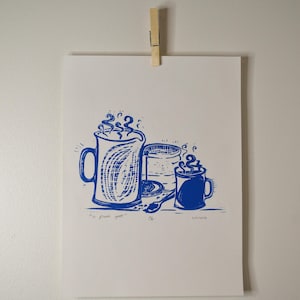 Hand Carved Coffee Linocut Print: French Press Kitchen Decor (9 x 12)