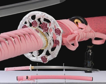 Espada katana rosa hecha a mano a medida, mango y vaina de madera de nogal, acero al manganeso para cosplay.