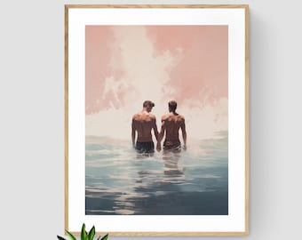 Gay Lovers 'Afternoon Swim' Art Poster, AI artwork, LGBTQ Wall Decor