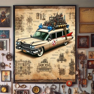 STEAMPUNK ECTO-1 GHOSTBUSTING Car, Victorian Steampunk Exclusive Ghost Busters Illustrations, Ecto-1 Ghosthunt Vehicle Original Digital Art