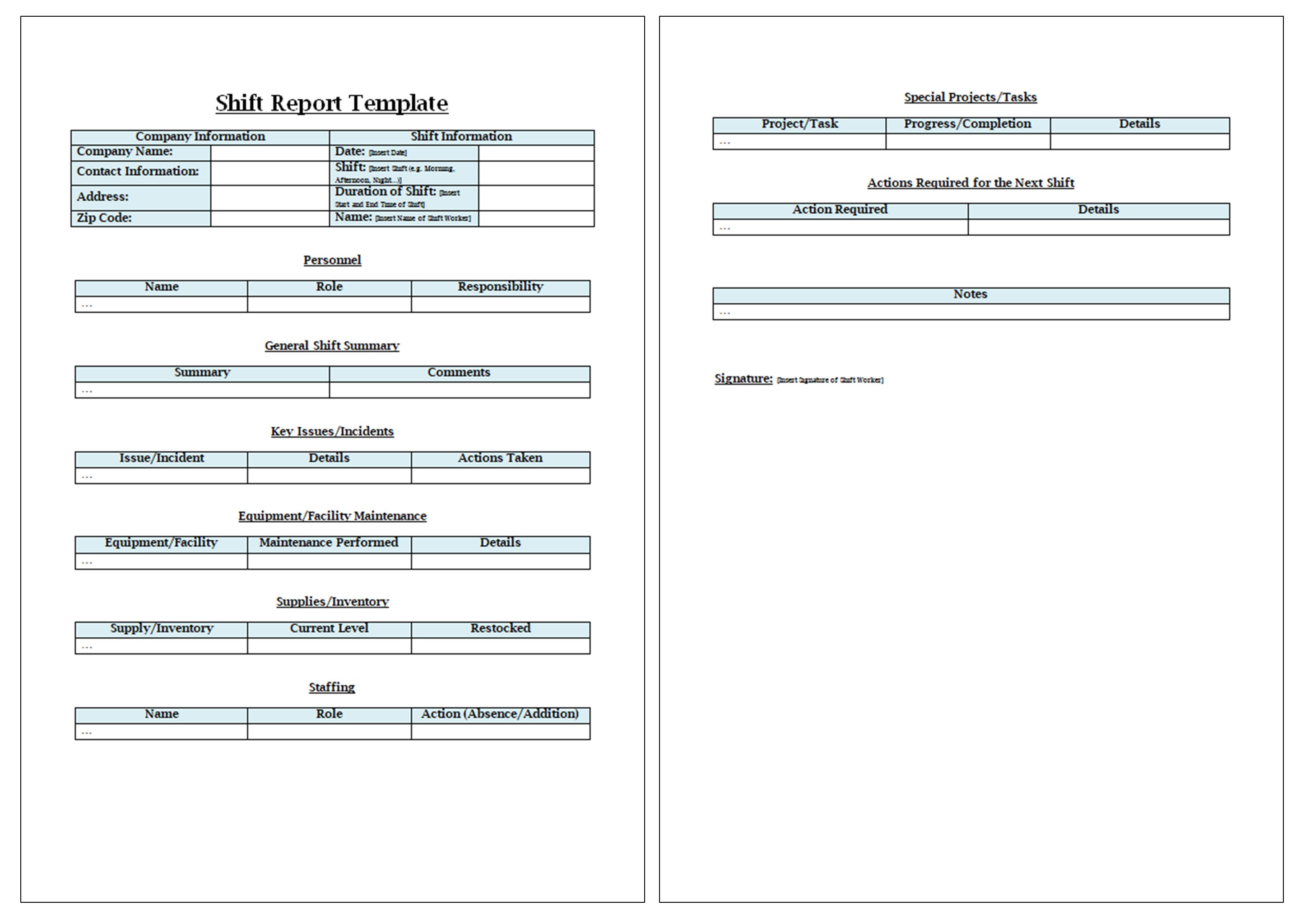 End of Shift Template | Shift Report Sheet | Crew Handover Review ...