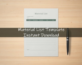 Material List Template | Materials Sheet | Asset Management Spreadsheet | Instant Download | List of Items Form | Bill of Materials Template