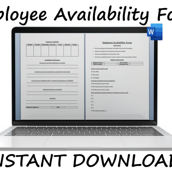 Employee Availability Form | Worker Schedule Survey | Personnel Time Sheet Questionnaire | Instant Download | Staff Routine Request Template