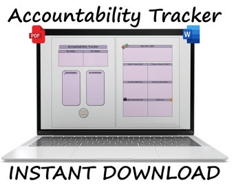 Peut inclure: Un écran d'ordinateur portable affichant une feuille de calcul de suivi de la responsabilité imprimable. La feuille de calcul est divisée en sections avec des titres tels que "Mes objectifs", "Mes habitudes", "Comment je me sens ?", "Ce dont je suis fier", "Ce qu'il faut garder à l'esprit", "Influences positives", "Notes pour l'avenir", "Ce qui m'a surpris ?", et "Réflexion". La feuille de calcul est disponible en téléchargement instantané aux formats PDF et Word.