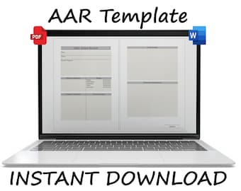 May include: A laptop computer displaying a document titled "After Action Review" with a table and sections for "Issues Noted" and "Future Recommendations". The document is labeled as a PDF and Word document. The text "INSTANT DOWNLOAD" is displayed below the laptop.