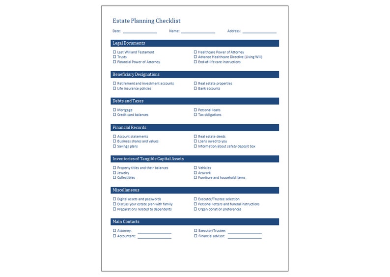 Estate Planning Checklist | Will Planning Worksheet | Estate Planning ...