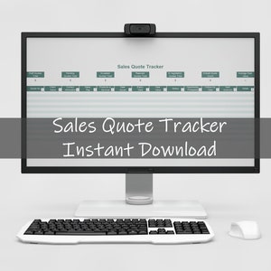 Peut inclure: Un écran d'ordinateur affichant une feuille de calcul intitulée "Sales Quote Tracker". Le texte "Sales Quote Tracker Instant Download" est affiché sous l'écran.
