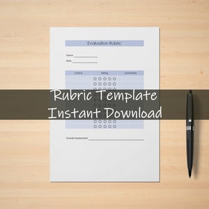 May include: A printable evaluation rubric template with a five-star rating system. The template includes sections for criteria, rating, and comments. The text "Rubric Template Instant Download" is printed on the page.