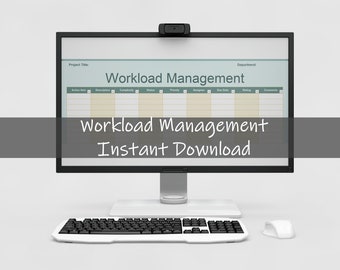 Könnte beinhalten: Ein Computermonitor mit einer "Workload Management"-Tabelle. Oben auf dem Bildschirm befindet sich eine Webcam, davor eine Tastatur und eine Maus. Der Text "Workload Management Instant Download" ist zu sehen.