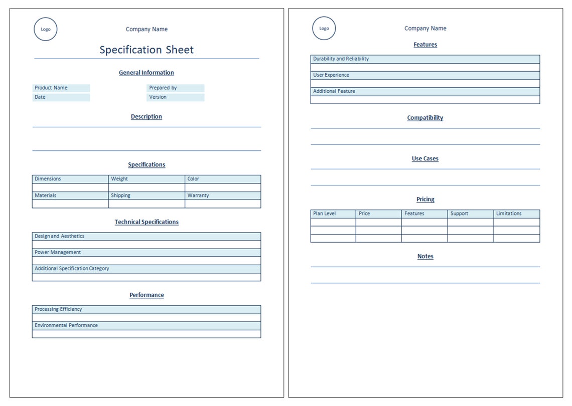 Spec Sheet Template | Product Specification Sheet | Data Sheet Editable ...