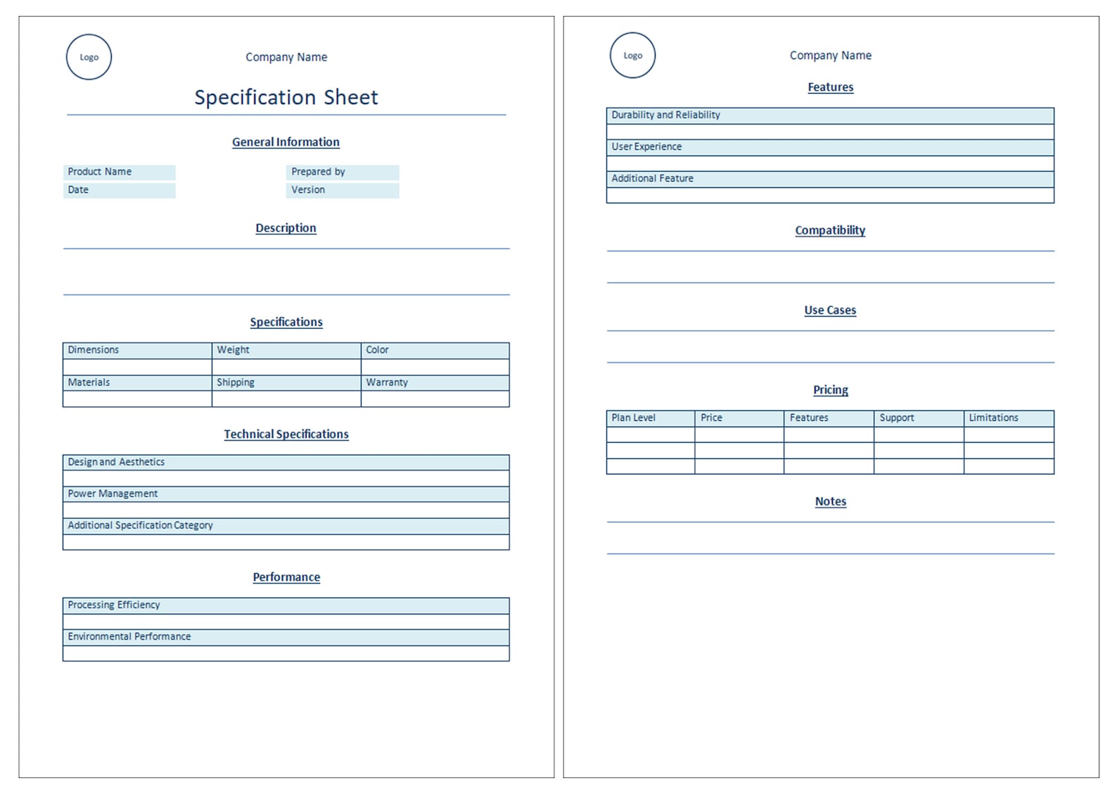 Spec Sheet Template | Product Specification Sheet | Data Sheet Editable ...