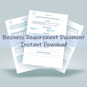 Może przedstawiać: Trzy białe arkusze papieru z niebieskim nagłówkiem, na którym widnieje napis "Business Requirement Document". Dokument jest szablonem do opisywania wymagań biznesowych.