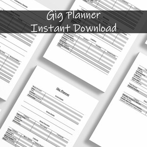 May include: A black and white printable gig planner with the text "Gig Planner Instant Download" at the top. The planner includes sections for event details, venue details, and budget breakdown.