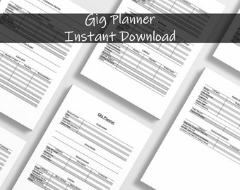 以下が含まれることがあります： 「Gig Planner Instant Download」というテキストが上部に書かれた、白黒の印刷可能なギグプランナー。プランナーには、イベントの詳細、会場の詳細、予算の明細などのセクションが含まれています。