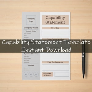 Peut inclure: Un modèle de déclaration de capacité en noir et blanc avec le texte "Modèle de déclaration de capacité Téléchargement instantané" en brun. Le modèle comprend des sections pour les détails de l'entreprise, les compétences de base, les performances passées et les clients en vedette.