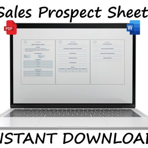 Puede incluir: Una pantalla de computadora portátil que muestra un documento titulado "Sales Prospect Sheet" con tres columnas de texto y tablas. El documento está disponible para descarga instantánea en formatos PDF y Word. La computadora portátil está sobre una superficie blanca con el texto "INSTANT DOWNLOAD" debajo.