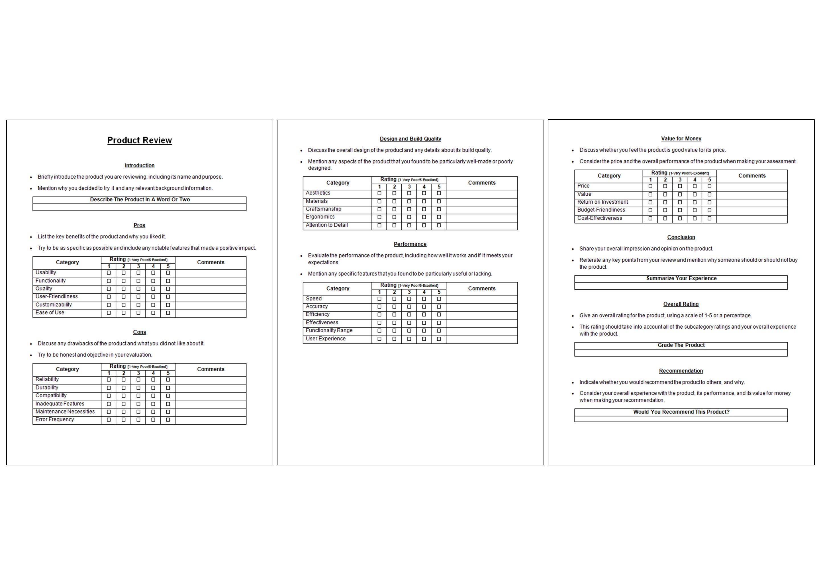 Product Review Template Customer Feedback Form Item Evaluation