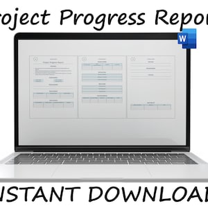 Puede incluir: Una pantalla de computadora portátil que muestra un documento de Word titulado "Project Progress Report". El documento contiene tablas y texto. La computadora portátil está sobre una superficie blanca con el texto "INSTANT DOWNLOAD" debajo.