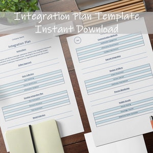 May include: A printable integration plan template with sections for data collection, developing an integration plan, communication methods, reviewing effects, process monitoring, and publishing results. The template is designed to help businesses integrate new systems or processes.