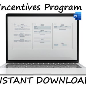 May include: A laptop computer screen displaying a document titled "Employee Incentive Program" with three sections. The document is in a Microsoft Word format. The laptop is on a white surface with the text "INSTANT DOWNLOAD" below it.
