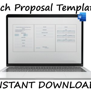 May include: A laptop computer displaying a document titled "Request for Technology Infrastructure Board". The document is a template for a tech proposal and includes sections for "Executive Summary", "Project Description", and "Budget". The laptop is on a white surface with the text "INSTANT DOWNLOAD" below it.